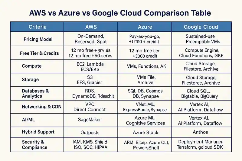 AWS vs Azure vs Google Cloud Comparison Table