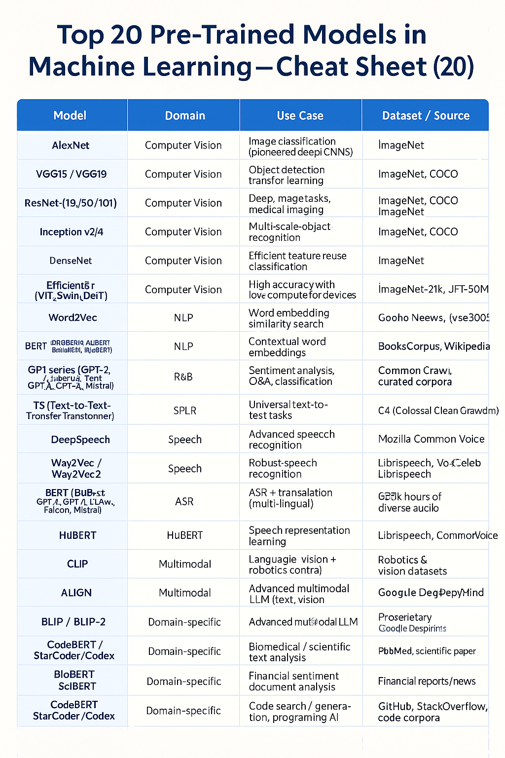 Pre-trained models in machine learning_cheat sheet