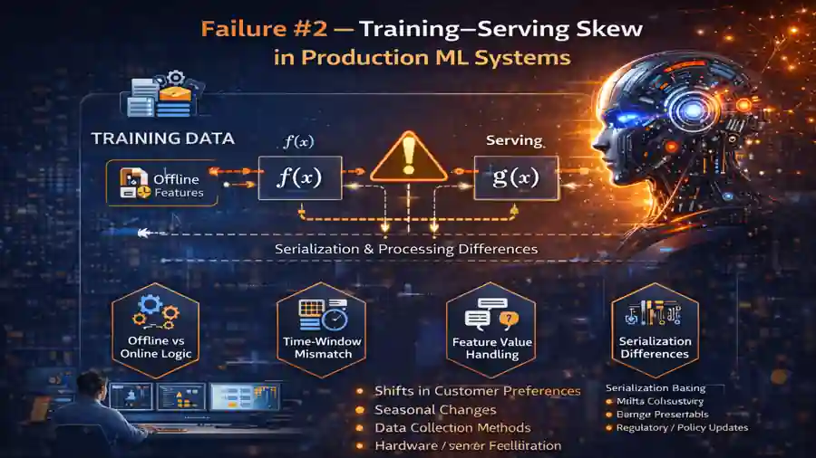 Machine Learning in Production:7 Critical Failures Explained 4 Failure #2 — Training–Serving Skew in Production ML Systems