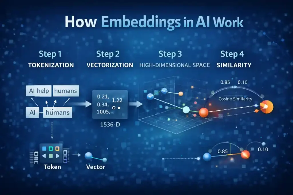 Embeddings in AI: A Powerful 2026 Guide for Beginners & Pros 2 How Embeddings in AI Work (Tokenization to Meaning)