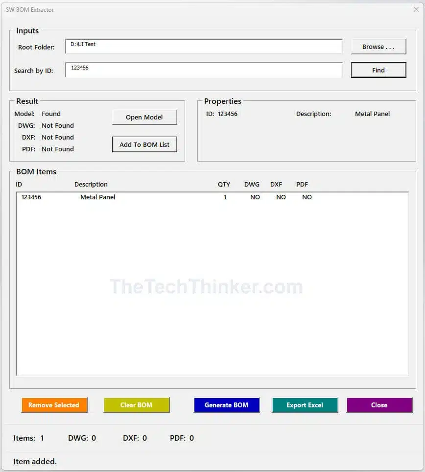 SolidWorks BOM Extractor Tool: Automate BOM Without PDM 5 SolidWorks BOM Extractor Tool-Add Item to List