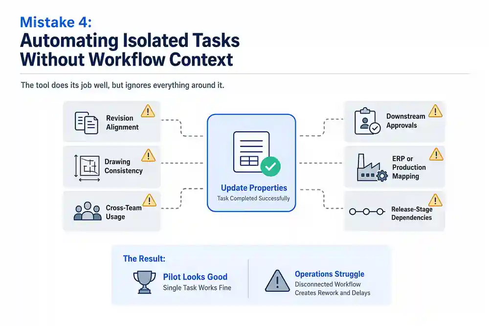 Why CAD Automation Fails Without Validation: 7 Mistakes 5 Mistake 4: Automating Isolated Tasks Without Workflow Context
