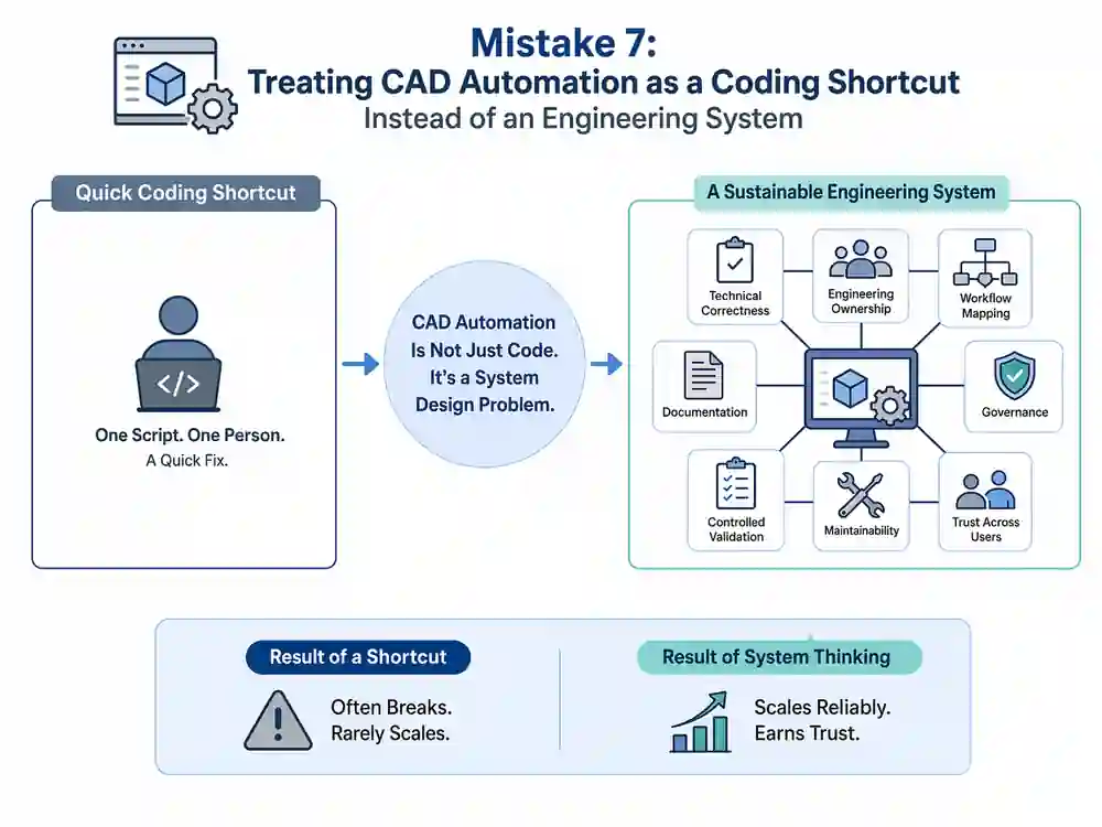 Why CAD Automation Fails Without Validation: 7 Mistakes 8 Mistake 7 Treating CAD Automation as a Coding Shortcut Instead of an Engineering System