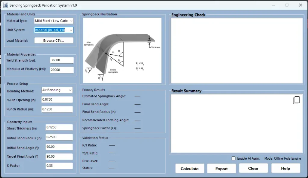 Sheet Metal Bending Springback Validation System v1.0 1 Sheet Metal Spring Back Validation Syetem_Main UI