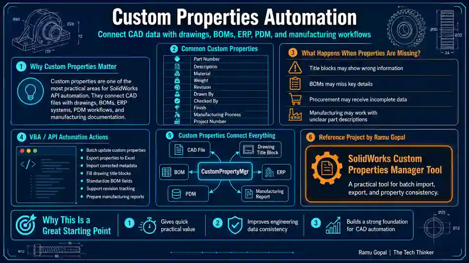 SolidWorks API Cheat Sheet 2026: Best Guide for Engineers 5 SolidWorks API 2026-Custom Properties Automation