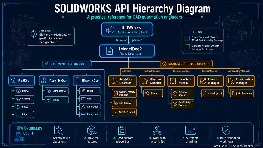 SolidWorks API Cheat Sheet 2026: Best Guide for Engineers 1 solidworks_api_hierarchy_diagram
