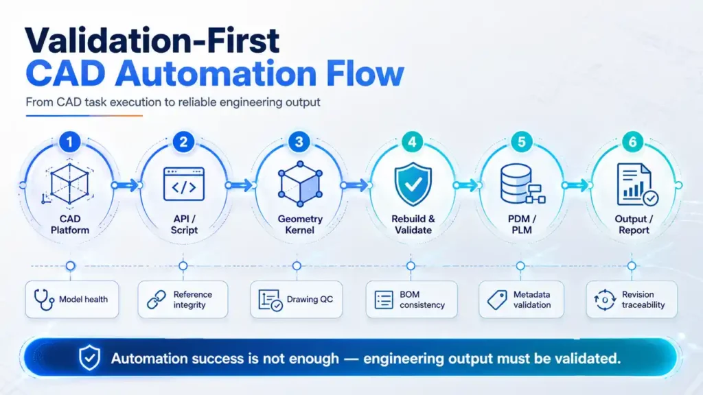 CAD Automation Ecosystem: 10 Powerful Layers for Engineers 2 The Validation-First Flow in CAD Automation